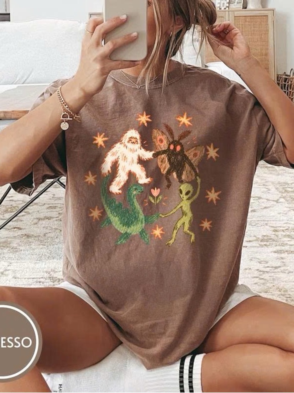 Brown Short-Sleeve Tee with Colorful Alien & Creature Graphic